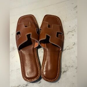 Brown Leather Slide Sandals